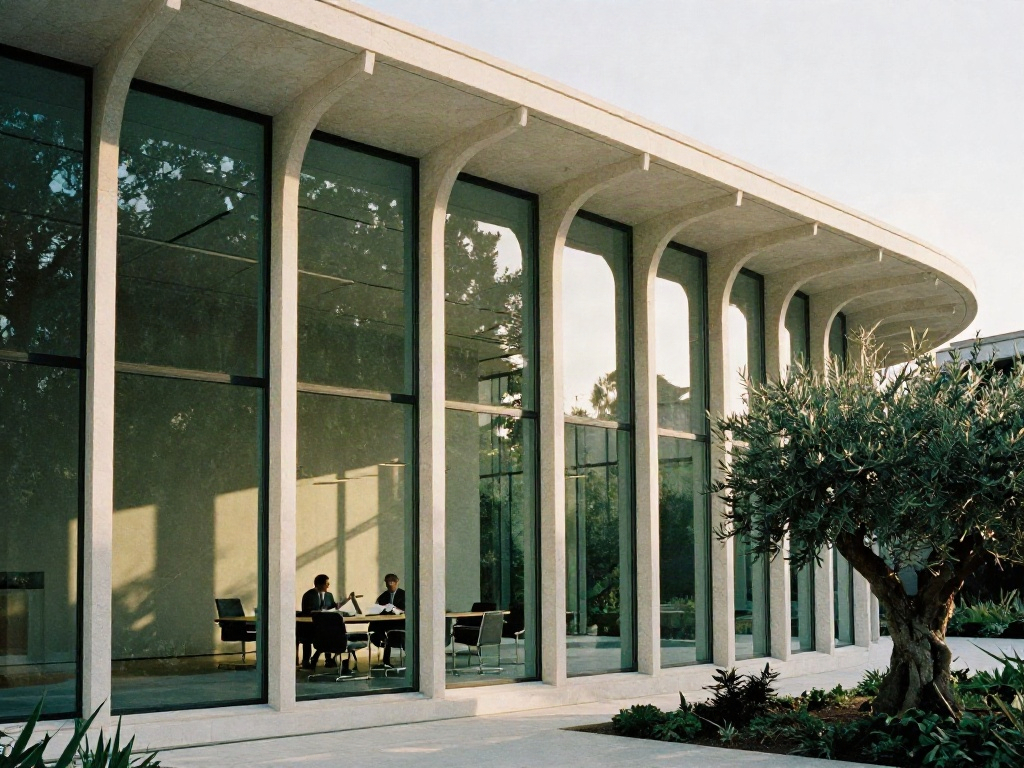 A light-filled contemporary boardroom framed by sculptural stone and green glass